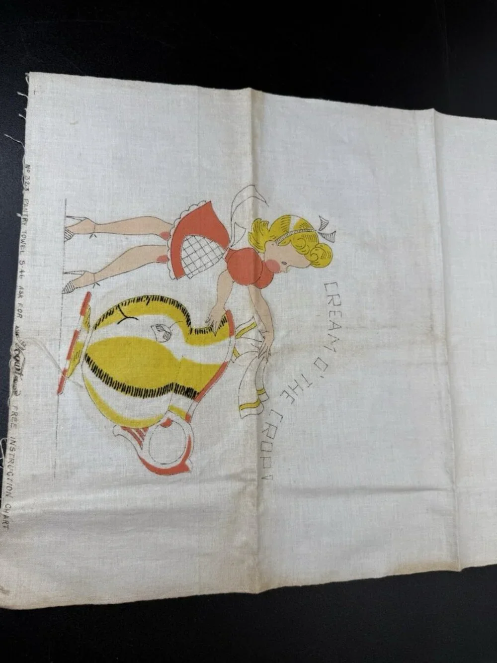 Vintage Vogart Pantry Towel Printed Embroidery Girl Cream O’ The Crop 1950s
